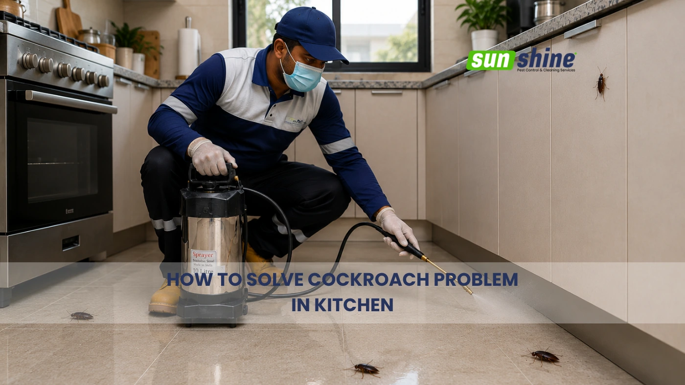 Pest control technician solving cockroach problem in kitchen