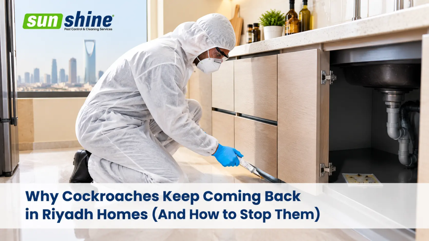 Pest control technician applying gel bait for cockroach control in a Riyadh kitchen