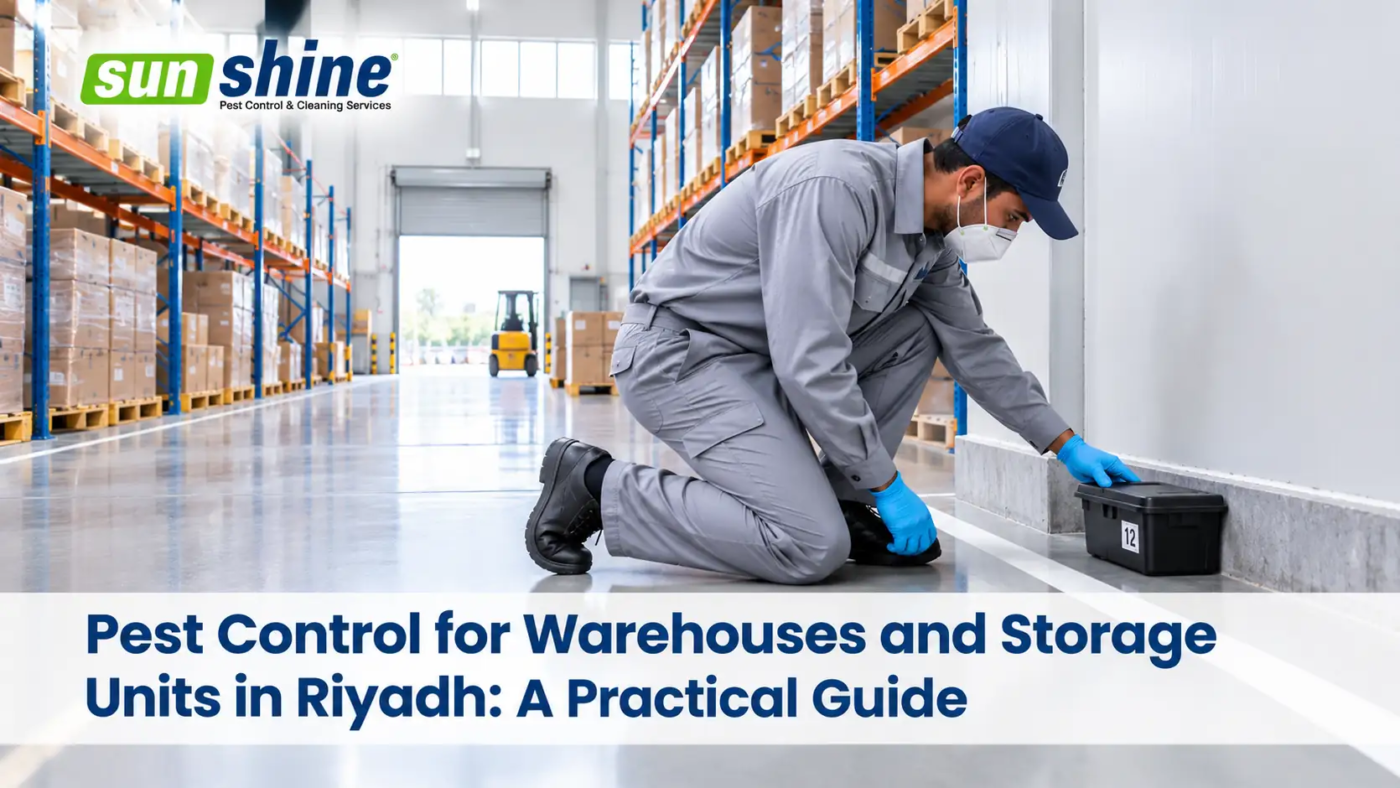 Pest control technician inspecting a rodent station in a Riyadh warehouse