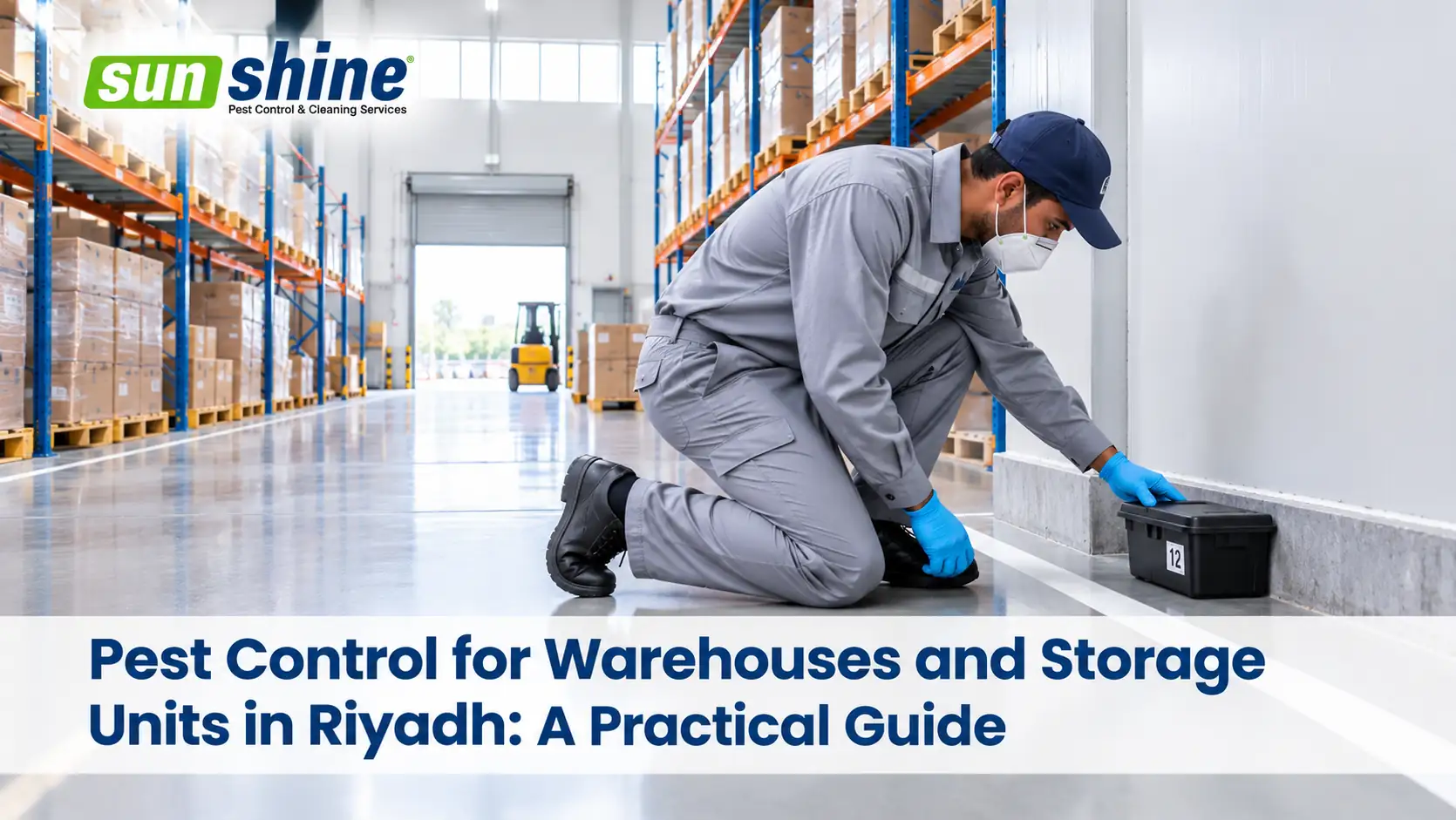 Pest control technician inspecting a rodent station in a Riyadh warehouse