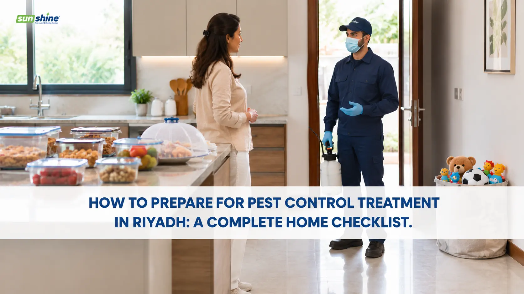 Homeowner preparing kitchen to prepare for pest control treatment with technician in Riyadh