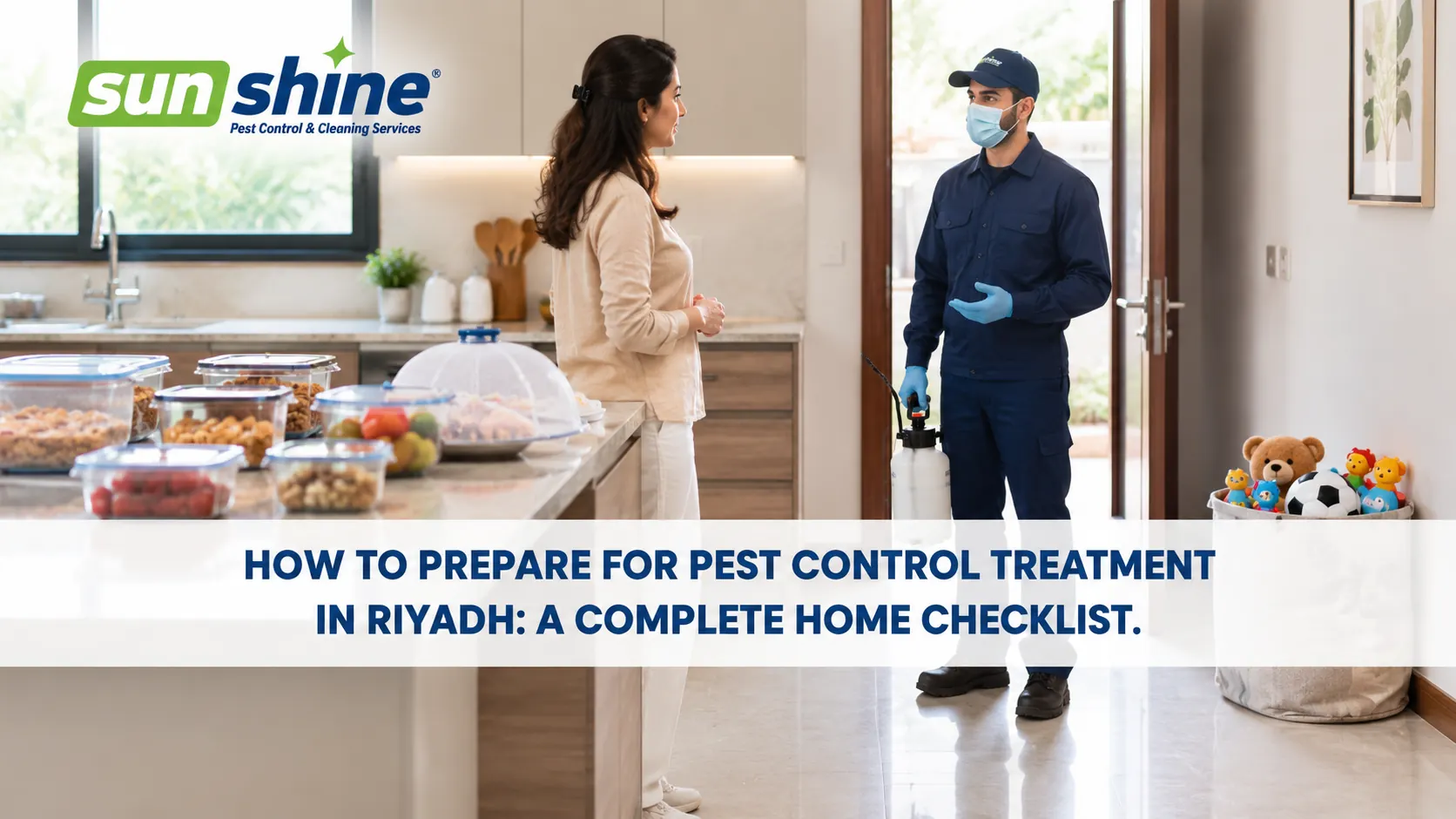 Homeowner preparing kitchen to prepare for pest control treatment with technician in Riyadh